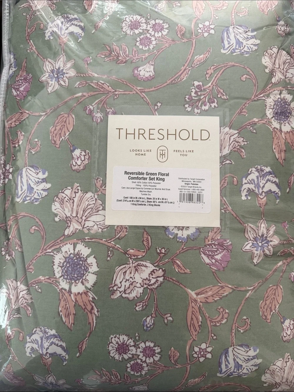 Threshold Green Floral King Comforter Set with Pink and Purple Blooms